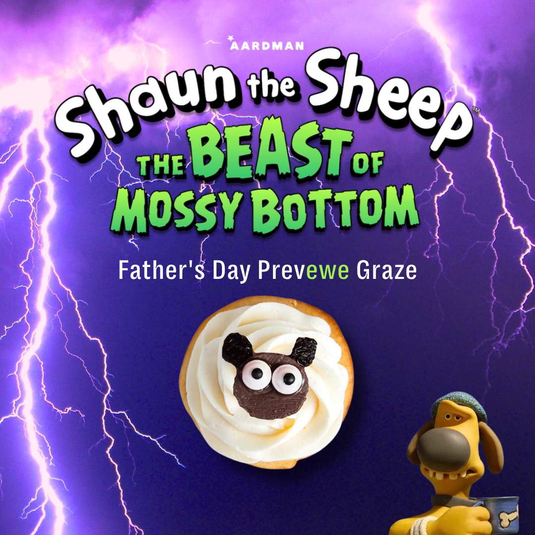 Test: Aardman. Shaun the sheep: The Beast of Mossy Bottom. Father's Day Prevewe Graze. Image: Purple sky with lightning, a cupcake with a sheep face, a grumpy dog holding a mug.